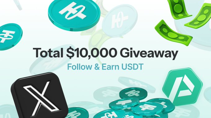 A promotional graphic advertises a 'Total $10,000 Giveaway' to follow and earn USDT, featuring X logo and Tether coins.