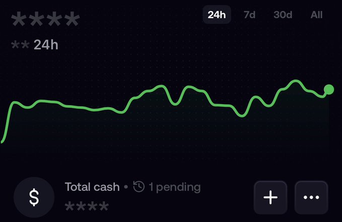 A cash balance chart from the past 24 hours shows a total cash position with one pending transaction, illustrating the kind of frequent monitoring the post warns against—frequent phone-based checking of balances that makes impulsive trading decisions harder to resist, in contrast to the author's previous practice of using dedicated computers only occasionally to keep fast-moving funds "out of sight, out of mind."