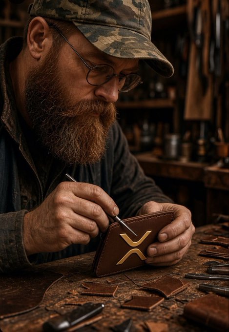 An AI-generated image of a bearded craftsman in a camo cap working on a brown leather wallet embossed with an XRP/X-style logo in a workshop.
