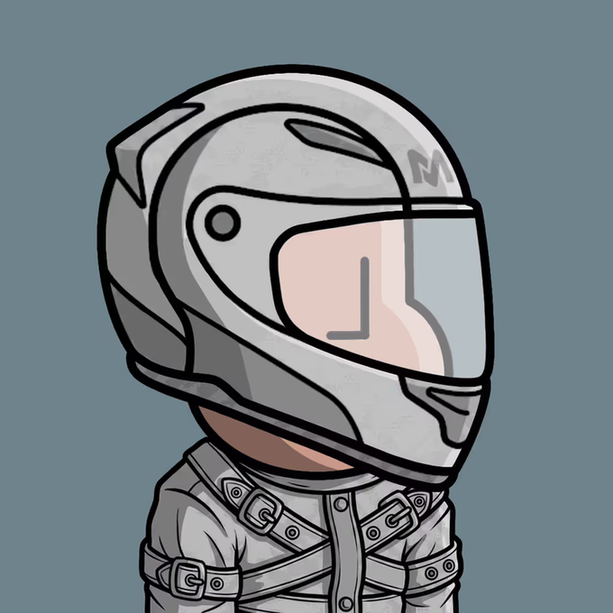 A cartoon-style illustration shows a figure wearing a white racing helmet with a clear visor and a white straitjacket with buckled straps, set against a muted blue background. The image playfully matches the caption's joke about a "Vroom" (a car/racer) in a straitjacket, depicting the absurd "racer restrained" gag the author picked up with their morning coffee.