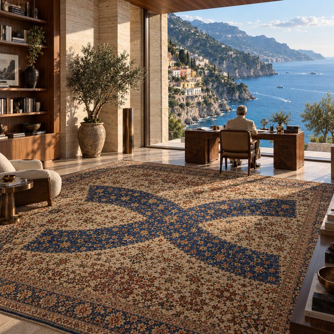 A luxurious interior features a large ornate rug with a blue floral cross pattern, while a man sits at a desk by floor-to-ceiling windows overlooking a Mediterranean coastal cliffside town.