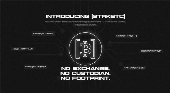 A dark, technical-styled advertisement 'INTRODUCING [STAKBTC]' describing it as a Bitcoin-backed asset on the Bitcoin network with the slogans 'NO EXCHANGE. NO CUSTODIAN. NO FOOTPRINT.'