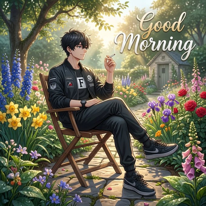 The image features an illustration of a man sitting in a wooden chair, smoking a cigarette outdoors surrounded by flowers. The background includes trees and bushes, creating a serene atmosphere for the scene. The caption "Good Morning" is written above the man's head, suggesting that it might be related to a morning event or gathering. Additionally, there are two mentions of social media handles: "@RiverdotInc" and "@River4fun gRiverrr". These handles could possibly be associated with an online community or event centered around the illustration or the theme of "Good Morning."