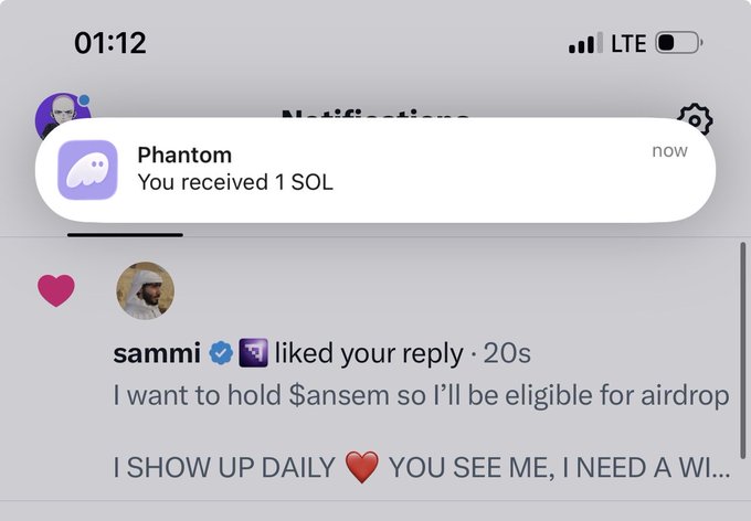 A phone notification shows a recent message from Phantom indicating "You received 1 SOL," alongside a visible comment from verified user sammi mentioning wanting to hold $ansem for an airdrop. The notification confirms the 1 SOL tip from @SolSammi mentioned in the post, supporting the recipient's goal of purchasing $ANSEM.