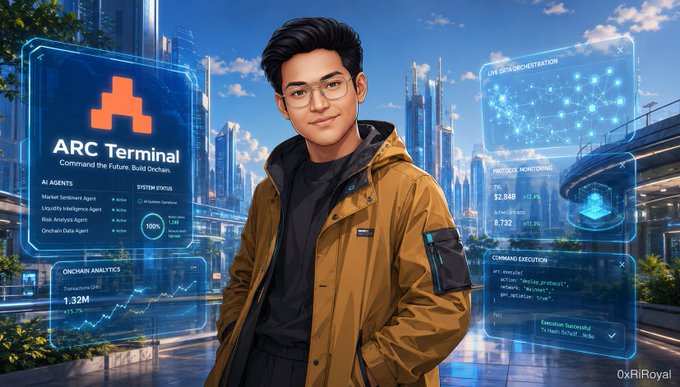 "A man wearing glasses stands next to a poster of an ARC Terminal, with a cityscape behind him. The poster displays information about the terminal's capabilities and features. The caption above the poster reads "Focus on what is in the image and how it relates to the post."