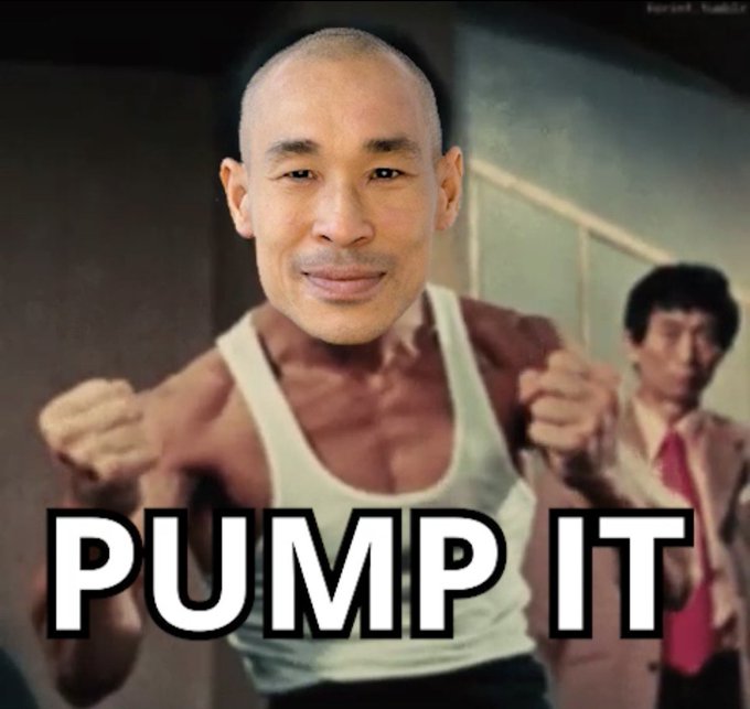 A meme featuring a muscular Asian man in a white tank top with the text "PUMP IT" overlaid in large white letters, referencing crypto/token promotion culture.
