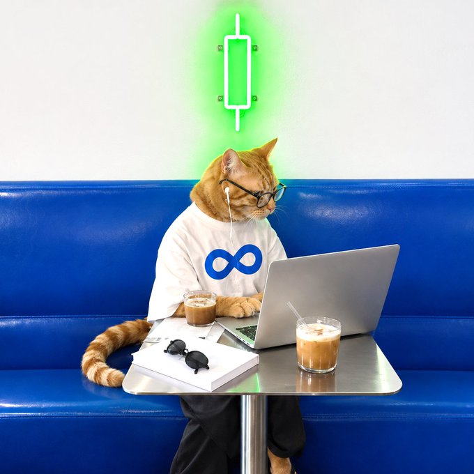 An orange tabby cat dressed in a Meta infinity logo t-shirt, glasses, and earphones sits at a café table working on a laptop under a glowing green "GM" (Good Morning) neon sign, humorously embodying the post's "new coworker" punchline with coffee and sunglasses nearby.