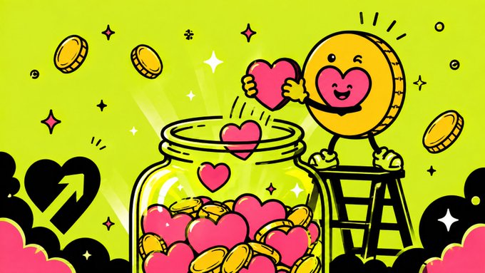 A vibrant yellow and pink illustration of a smiling cartoon coin character standing on a ladder and dropping a pink heart into a jar filled with gold coins and hearts.