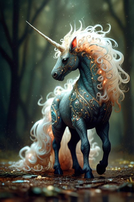 Digital artwork of a mystical dark blue unicorn with a white spiraling mane, glowing red eyes, and ornate gold filigree armor, standing in a dark forest.