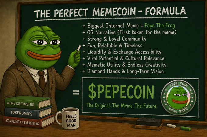 A Pepe the Frog-themed promotional image titled 'THE PERFECT MEMECOIN - FORMULA' listing attributes like 'OG Narrative' and 'Viral Potential,' equating them to '$PEPECOIN: The Original. The Meme. The Future.'