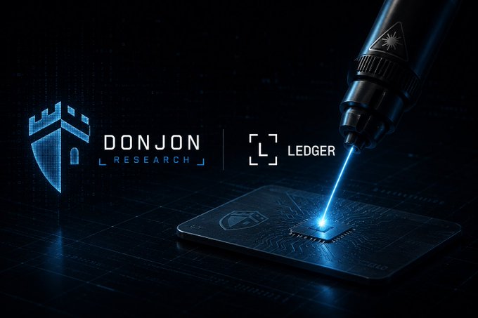 Promotional banner for Donjon Research featuring the Ledger logo alongside an image of a laser engraving a security chip on a hardware wallet.