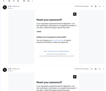 Two screenshots from X (formerly Twitter) show password reset email confirmations from x-fttb.com addressed to @Z, displayed on an Android mobile interface.