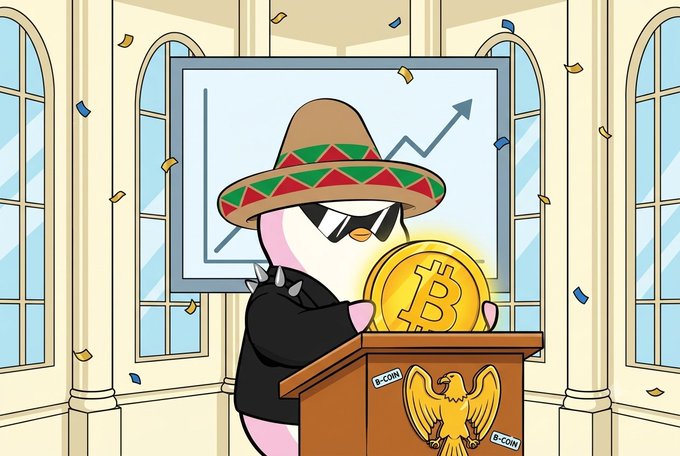 A cartoon penguin wearing a sombrero and sunglasses holds a glowing Bitcoin coin while standing at a podium branded with "B-CON" and an eagle emblem, with an upward-trending chart displayed behind it—symbolizing the bullish crypto sentiment discussed at the White House Crypto Summit.