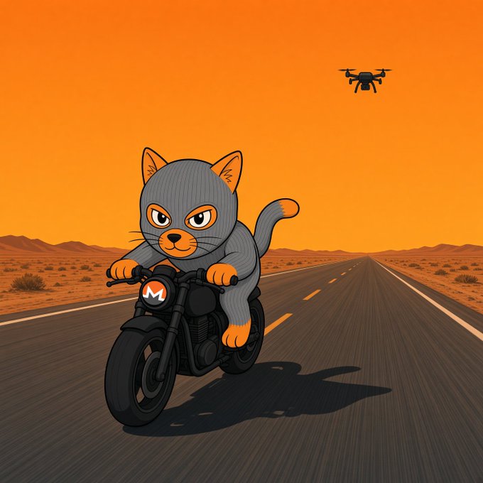 A cartoon illustration of a gray cat wearing a knit balaclava riding a black motorcycle down a desert highway at sunset, with a small drone flying in the orange sky ahead.