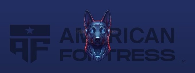 The graphic shows a futuristic armored German Shepherd dog's head in blue and red tones, alongside the "American Fortress" (AF) logo with a star emblem on a dark navy background. The imagery aligns with the post's reference to @Americanfort_io, using a strong, fortified canine mascot to visually reinforce themes of security, protection, and resilient defenses against emerging quantum threats.