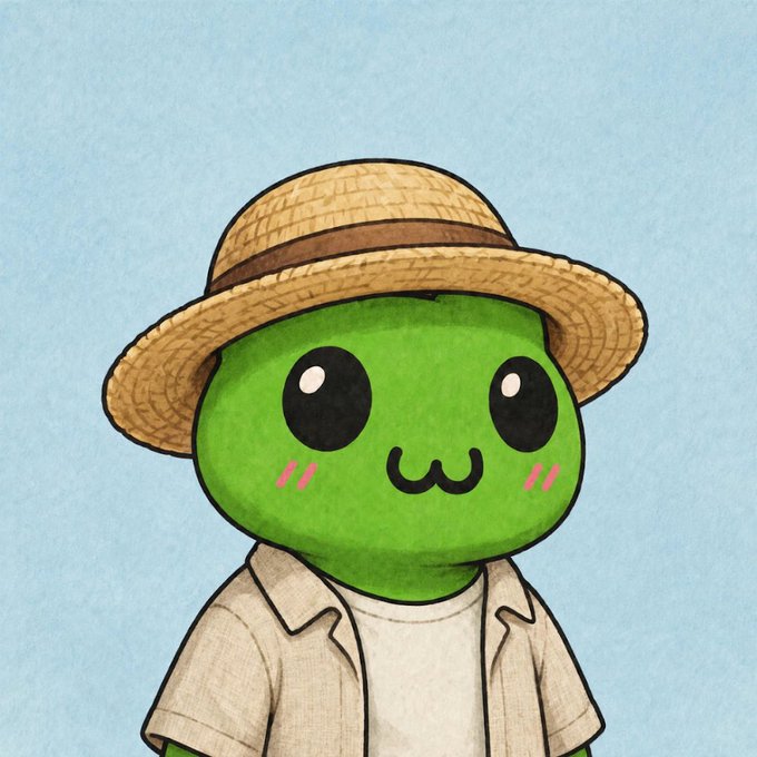 A cute green frog-like character wearing a wide-brimmed straw hat and a beige button-up shirt over a white tee, with blushing cheeks, matches the playful NFT style associated with the OWO meme collection on Solana.