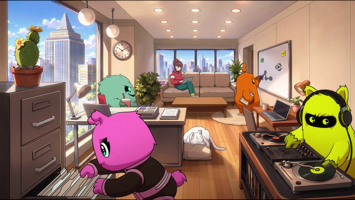 The image features a cartoon scene of five cartoon characters, including a pink pig, sitting around a desk with their eyes closed while one character plays a guitar. The background shows an office setting with a window overlooking a cityscape. The caption for the image reads "You are now listening to: Aptos DeFi Radio Beats to Move Markets and Machines to".