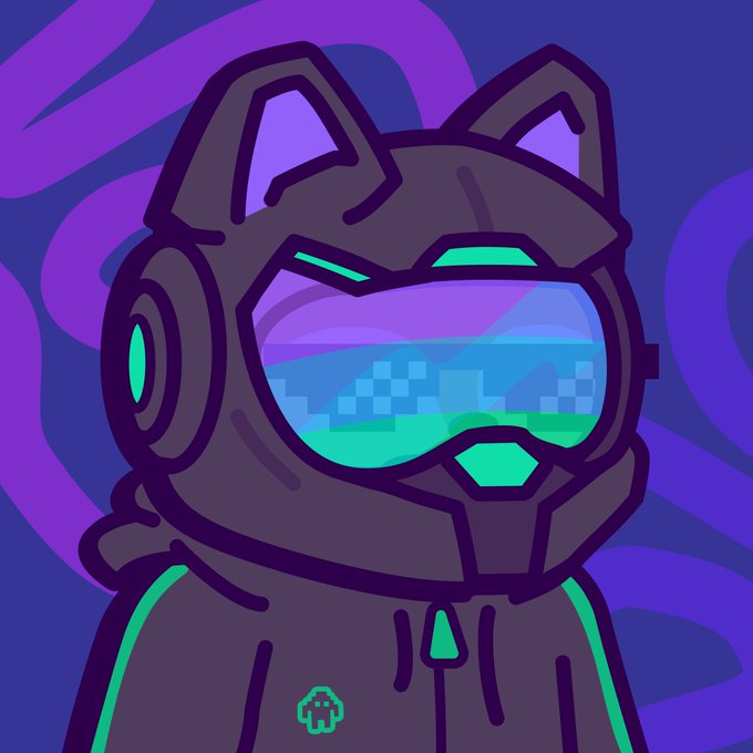 A cartoon-style illustration of a futuristic character with cat ears wearing a dark hoodie, featuring a glowing digital visor with a pixelated landscape displayed on it, set against a purple swirling background.