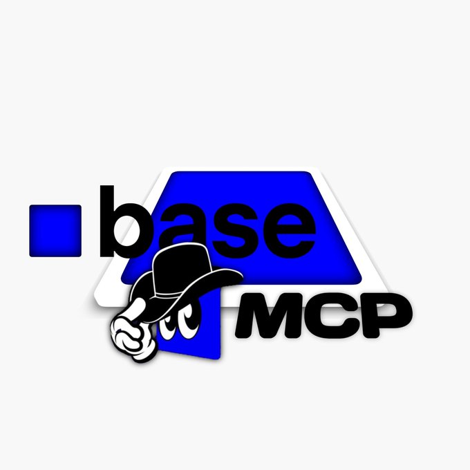 The image features a blue trapezoidal logo with the text "base" and "MCP" in bold black letters, accompanied by a small blue square to the left, and a cartoon character wearing a black cowboy hat positioned in front. 

The logo appears to be a branded design for "base MCP," which aligns with the post's focus on the $Base blockchain evolving beyond just a network, highlighting new AI-integrated onchain experiences.