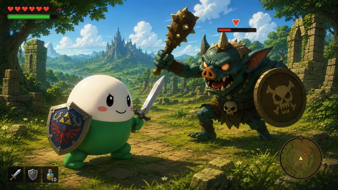 A cute green and white egg-like character wielding a sword and shield faces off against a goblin in a fantasy video game scene, with health bars, a minimap, and inventory icons displayed on screen—visualizing the playful, meme-worthy spirit of "$cupsey" being brought into web3 gaming and digital culture.