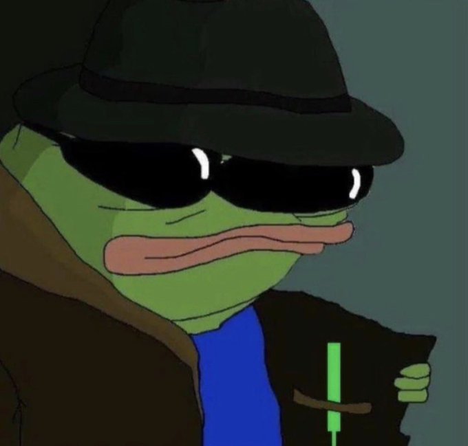 Cartoon illustration of a green Pepe the Frog character wearing a black fedora hat and sunglasses, styled in the 'Pepe the Detective' or 'Cool Pepe' aesthetic.