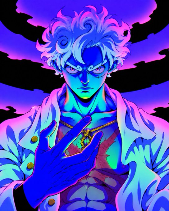 An anime illustration shows a muscular character with white curly hair and glowing eyes, illuminated in vibrant blue and purple tones, wearing an open white shirt and a necklace.