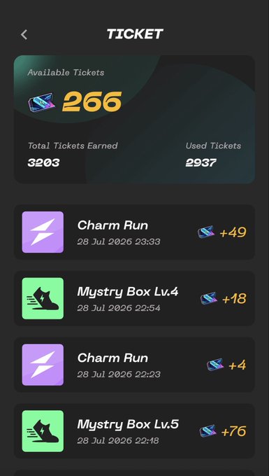 A dark-themed app screen titled TICKET showing 266 Available Tickets, 3203 Total Tickets Earned, and 2937 Used Tickets, with recent activities including Charm Runs and Mystery Boxes.