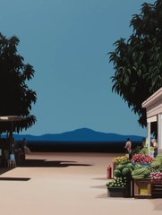 A stylized digital artwork depicts a market scene with a fruit stand displaying watermelons and grapes on the right, dark trees framing the scene, and mountains in the background.