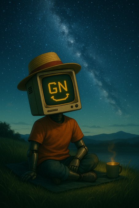 A robot with a CRT television for a head displaying "GN" with a smiley face, wearing a straw hat, sits peacefully under a starry night sky beside a steaming mug.