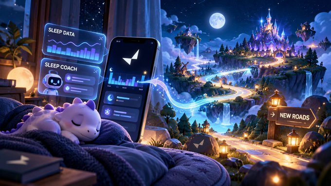 A stylized digital illustration depicting a sleep-tracking app interface on a phone screen showing 'SLEEP DATA' and 'SLEEP COACH' floating next to a cozy bedroom with a sleeping dinosaur plush, opening to a fantasy nighttime landscape with a castle and a 'NEW ROADS' sign.