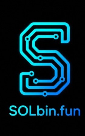 A neon blue circuit board-style letter 'S' logo appears on a black background with the text 'SOLbin.fun' below it.