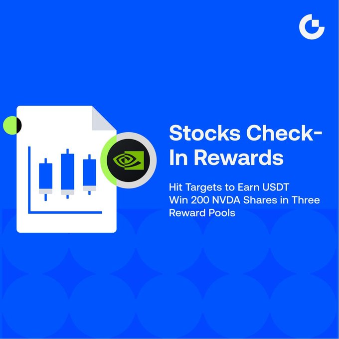 The image is a promotional graphic with a blue background featuring an illustration of a document with a candlestick stock chart and an NVIDIA logo badge. The text reads "Stocks Check-In Rewards — Hit Targets to Earn USDT, Win 200 NVDA Shares in Three Reward Pools," advertising the same NVDA share giveaway and 2 USDT sign-up bonus highlighted in the accompanying post.