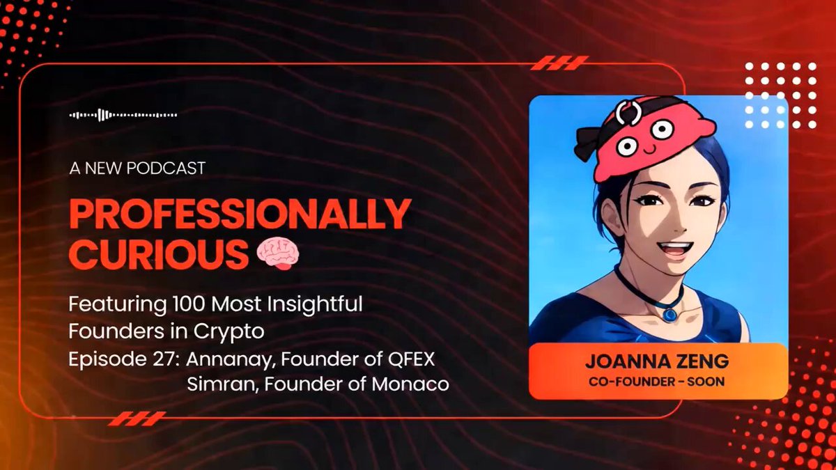 The image features a poster with an illustration of a woman wearing a red hat, smiling at the camera. The poster also includes text that reads "Professionalally Curious" and "A new podcast featuring 100 Most Insightful Founders in Cryptoepisode 27 Annanay, founder of QFEX & @0xturbanurban, founder of MonacoTrading".
