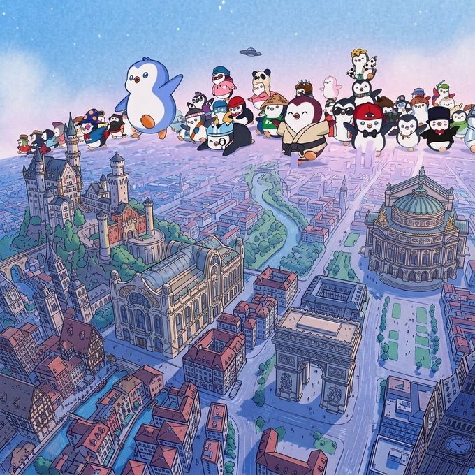 A whimsical illustration showing a cityscape with famous landmarks (resembling Neuschwanstein Castle, Arc de Triomphe, St. Peter's Basilica) while a crowd of cartoon mascot characters gathers on a cloud above.