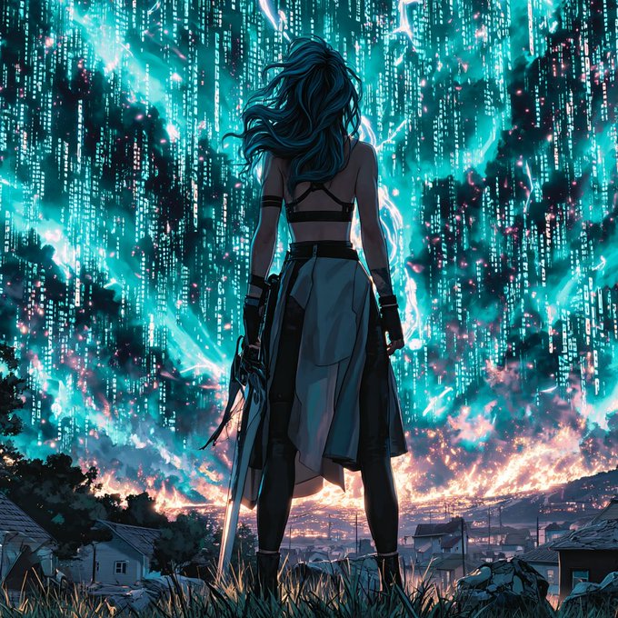 An anime-style illustration of a female character with long dark hair and a flowing skirt holding a sword, viewed from behind against a dramatic background of glowing teal digital code cascading like waterfalls.