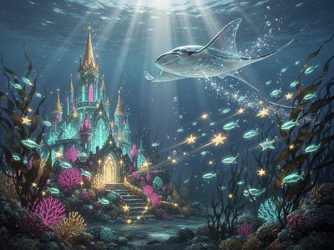 A fantastical underwater castle glows with teal and pink light, surrounded by vibrant coral, schools of fish, and a graceful manta ray gliding through sunrays piercing the deep blue sea. The magical scene evokes the imaginative spirit of AI-generated art, fitting for a post celebrating June's AI art and future tech themes.