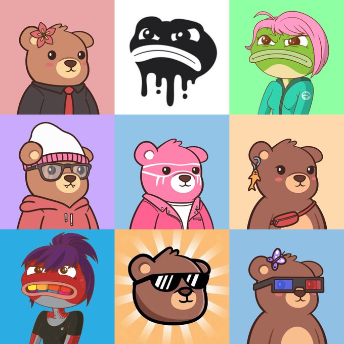 A 3x3 grid of colorful cartoon characters, mostly bears and animals in various styles including a sad frog, bear with glasses, pink bear, and bear with 3D glasses.