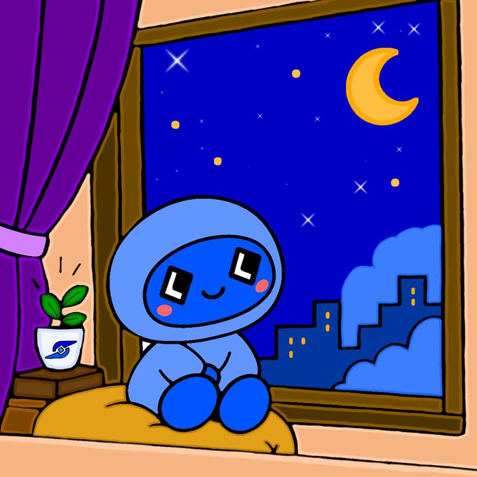 A digital illustration of a cute blue character with glowing eyes sitting on a yellow cushion by a window at night, accompanied by a small plant in a cup with a space agency logo.