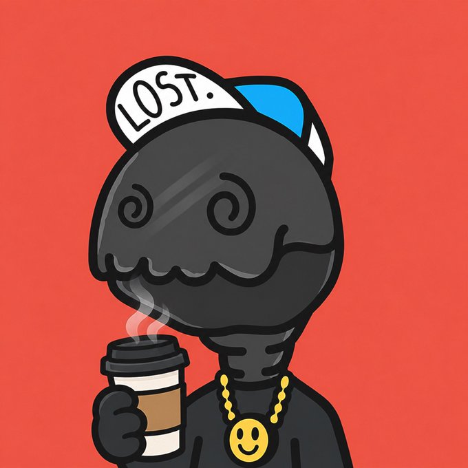 A cartoon character with a dark cloud-like head, spiral eyes, a 'LOST.' cap, gold smiley face chain, and holding a coffee cup against a red background.