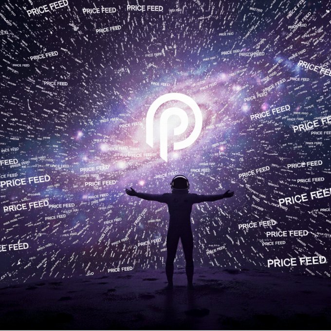 An astronaut stands with arms outstretched against a cosmic purple nebula, gazing at a glowing "P" logo surrounded by repeated "PRICE FEED" text radiating outward like stars—visually reinforcing the post's cosmic alignment metaphor and the product's expanding reach across platforms like tradexyz, Kalshi, Poly, and Binance.