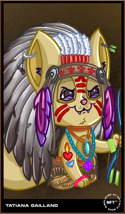 The image is a digital illustration of a chibi-style cat dressed as a Native American chief, featuring a feathered headdress, red face paint, beaded necklaces, and a staff, with "TATIANA GAILLAND" labeled at the bottom alongside an "NFT" badge. It relates to the post as artwork by Tatiana Gaillard, part of a collection opportunity tied to an NFT NYC event being promoted.