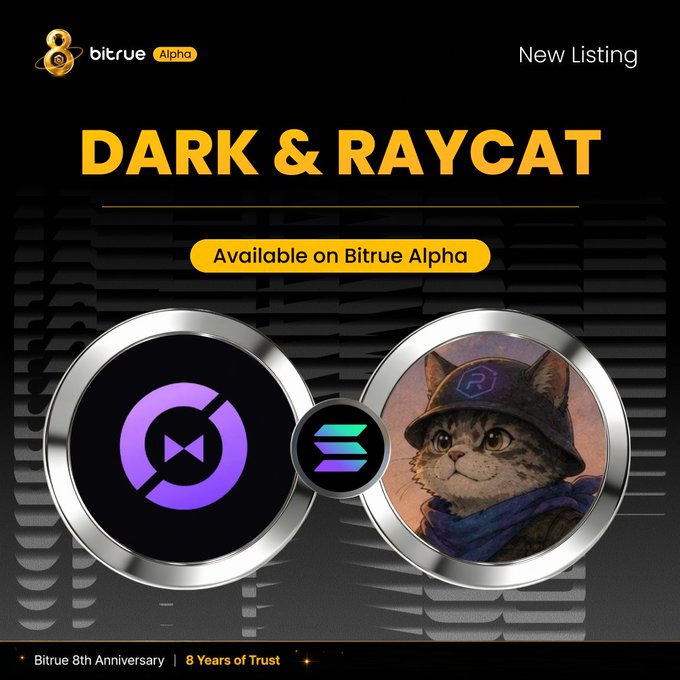 Bitrue Alpha announces the new listing of $DARK and $RAYCAT tokens, available on the Solana network via Bitrue Alpha, featuring their respective logos alongside the Bitrue 8th Anniversary branding.