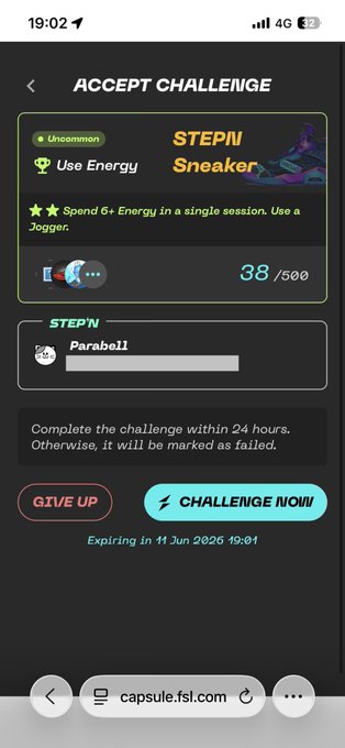The image shows a phone screen with an acceptance challenge page for a sneaker game app. The challenge appears to be about using energy efficiently, as indicated by the text "Use Energy in a single session. Use a single session. It will be marked as failed." The user's name is displayed on the screen along with their score and the time remaining in the challenge.