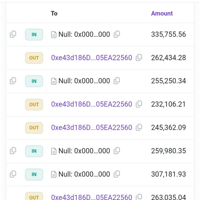 A transaction ledger table showing IN and OUT transfers, with repeated OUT transactions of ~250K sent to address '0xe43d186D...05EA22560' and various IN transactions from 'Null: 0x000...000'.
