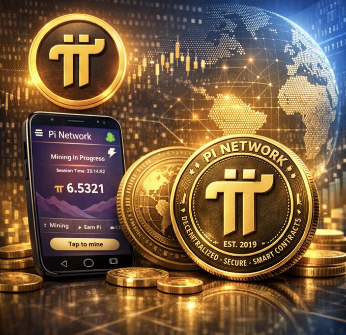 Promotional image for Pi Network showing a smartphone displaying 'Mining in Progress' with a balance of π 6.5321 and a 'Tap to mine' button, surrounded by gold Pi Network coins marked 'EST. 2019' against a digital globe and trading chart background.