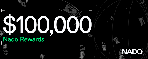 A promotional graphic featuring "$100,000 Nado Rewards" in bold white and green text against a black background, along with the Nado logo, announcing the platform's weekly reward pool of up to $100,000 USDT.