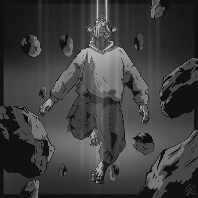 A black and white digital illustration of an elderly figure in a hoodie floating amidst suspended rocks with light rays shining down.