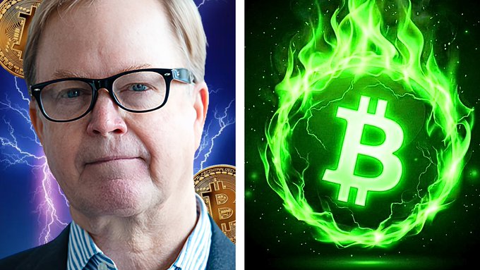 A split image featuring a portrait of a man with glasses on the left against a background of Bitcoin coins and lightning, and a flaming green Bitcoin logo on a dark background on the right.