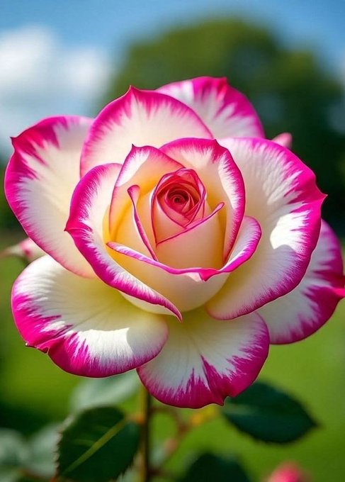 A close-up photograph of a vibrant rose with creamy white petals edged in bright pink against a blurred green background.
