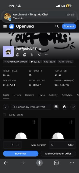 A screenshot of the OpenSea app displays the 'PuffpalsNFT' collection on the Robinhood Chain. Key stats shown include a floor price of $5.48, 24H volume of $7,847.13, total volume of $7,852.77, and 904 unique owners across 2,222 items.